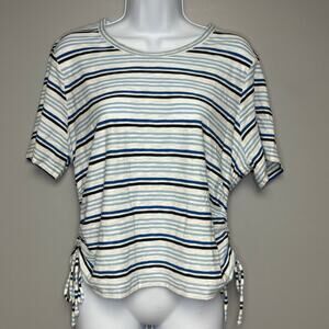 Veronica Beard Jeans Ruched Sides Blue Striped Pima Cotton Tee Womens Sz XL